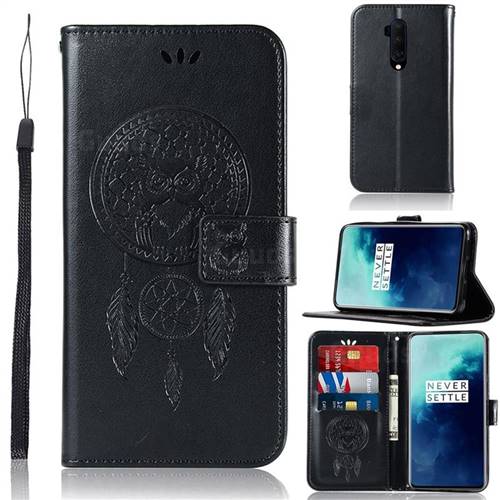 Intricate Embossing Owl Campanula Leather Wallet Case for OnePlus 7T Pro - Black