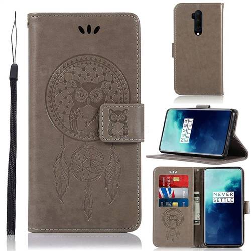 Intricate Embossing Owl Campanula Leather Wallet Case for OnePlus 7T Pro - Grey