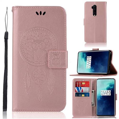 Intricate Embossing Owl Campanula Leather Wallet Case for OnePlus 7T Pro - Rose Gold