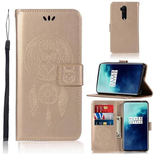 Intricate Embossing Owl Campanula Leather Wallet Case for OnePlus 7T Pro - Champagne