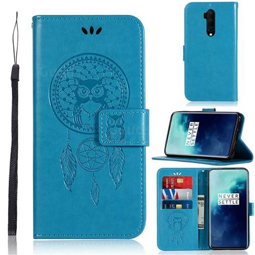 Intricate Embossing Owl Campanula Leather Wallet Case for OnePlus 7T Pro - Blue