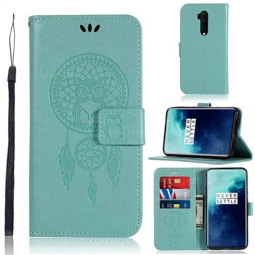Intricate Embossing Owl Campanula Leather Wallet Case for OnePlus 7T Pro - Green