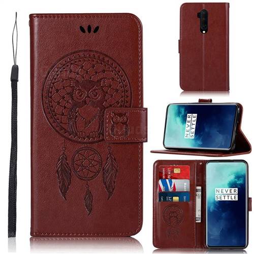 Intricate Embossing Owl Campanula Leather Wallet Case for OnePlus 7T Pro - Brown