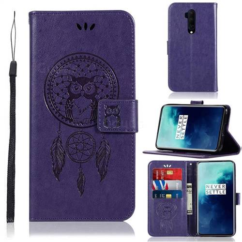 Intricate Embossing Owl Campanula Leather Wallet Case for OnePlus 7T Pro - Purple