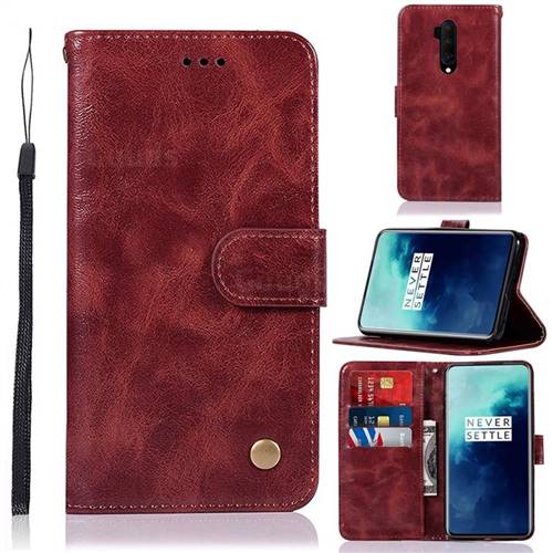 Luxury Retro Leather Wallet Case for OnePlus 7T Pro - Wine Red