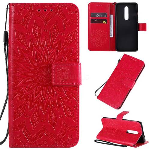 Embossing Sunflower Leather Wallet Case for OnePlus 8 - Red