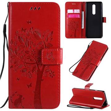 Embossing Butterfly Tree Leather Wallet Case for OnePlus 8 - Red