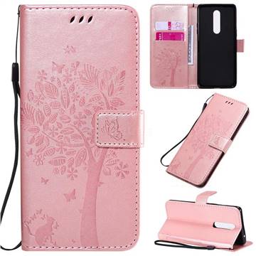 Embossing Butterfly Tree Leather Wallet Case for OnePlus 8 - Rose Pink