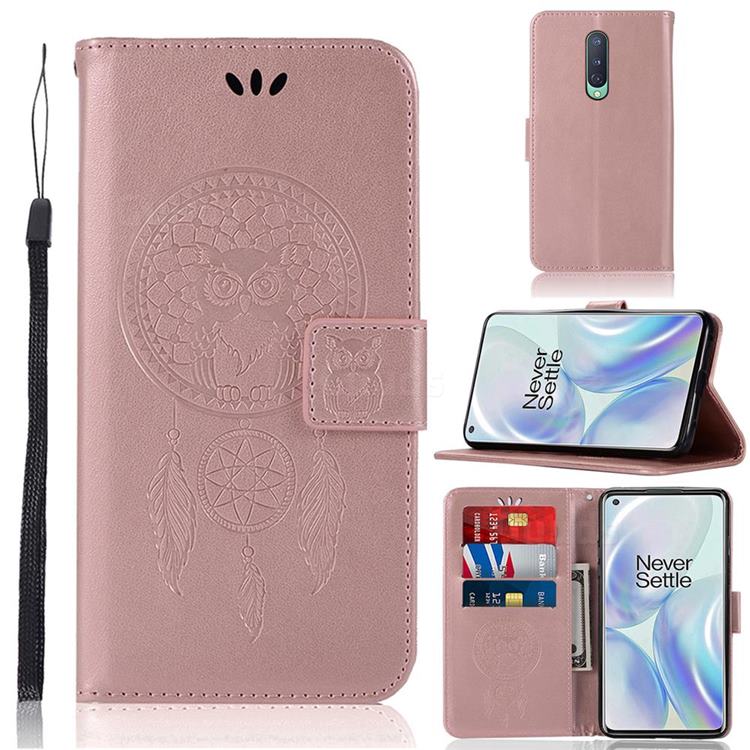 Intricate Embossing Owl Campanula Leather Wallet Case for OnePlus 8 - Rose Gold