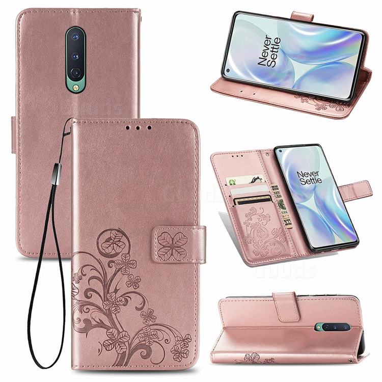 Embossing Imprint Four-Leaf Clover Leather Wallet Case for OnePlus 8 - Rose Gold