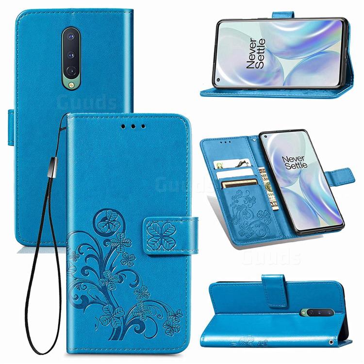 Embossing Imprint Four-Leaf Clover Leather Wallet Case for OnePlus 8 - Blue