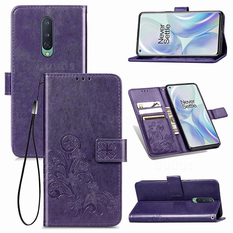 Embossing Imprint Four-Leaf Clover Leather Wallet Case for OnePlus 8 - Purple