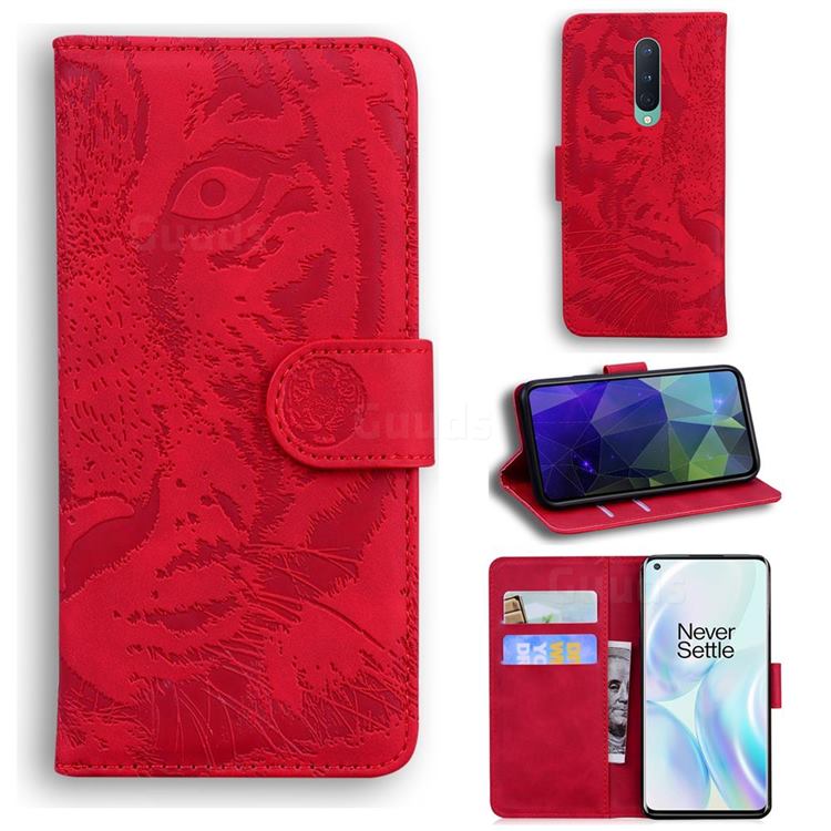 Intricate Embossing Tiger Face Leather Wallet Case for OnePlus 8 - Red