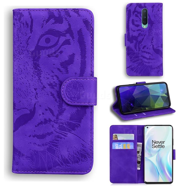 Intricate Embossing Tiger Face Leather Wallet Case for OnePlus 8 - Purple