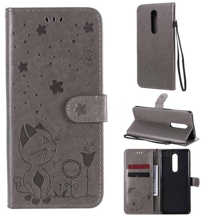 Embossing Bee and Cat Leather Wallet Case for OnePlus 8 - Gray