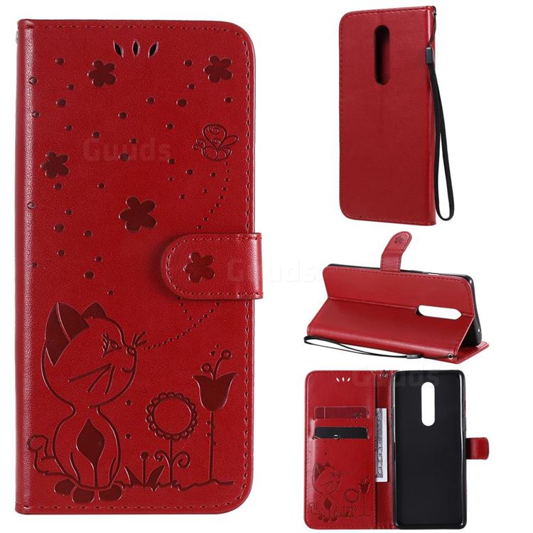 Embossing Bee and Cat Leather Wallet Case for OnePlus 8 - Red