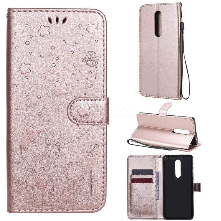 Embossing Bee and Cat Leather Wallet Case for OnePlus 8 - Rose Gold