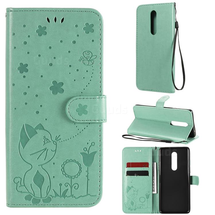 Embossing Bee and Cat Leather Wallet Case for OnePlus 8 - Green