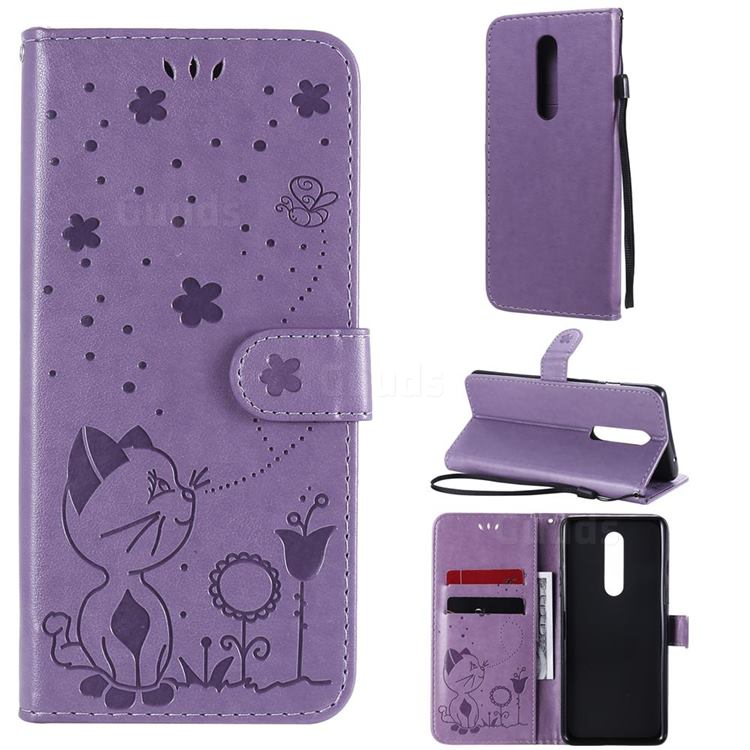 Embossing Bee and Cat Leather Wallet Case for OnePlus 8 - Purple