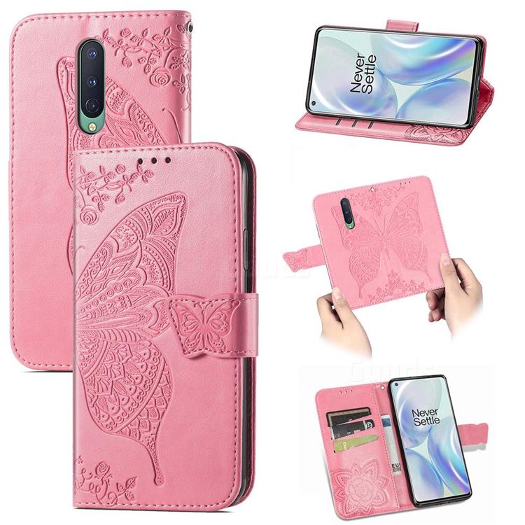 Embossing Mandala Flower Butterfly Leather Wallet Case for OnePlus 8 - Pink