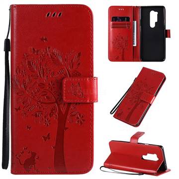 Embossing Butterfly Tree Leather Wallet Case for OnePlus 8 Pro - Red