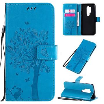 Embossing Butterfly Tree Leather Wallet Case for OnePlus 8 Pro - Blue