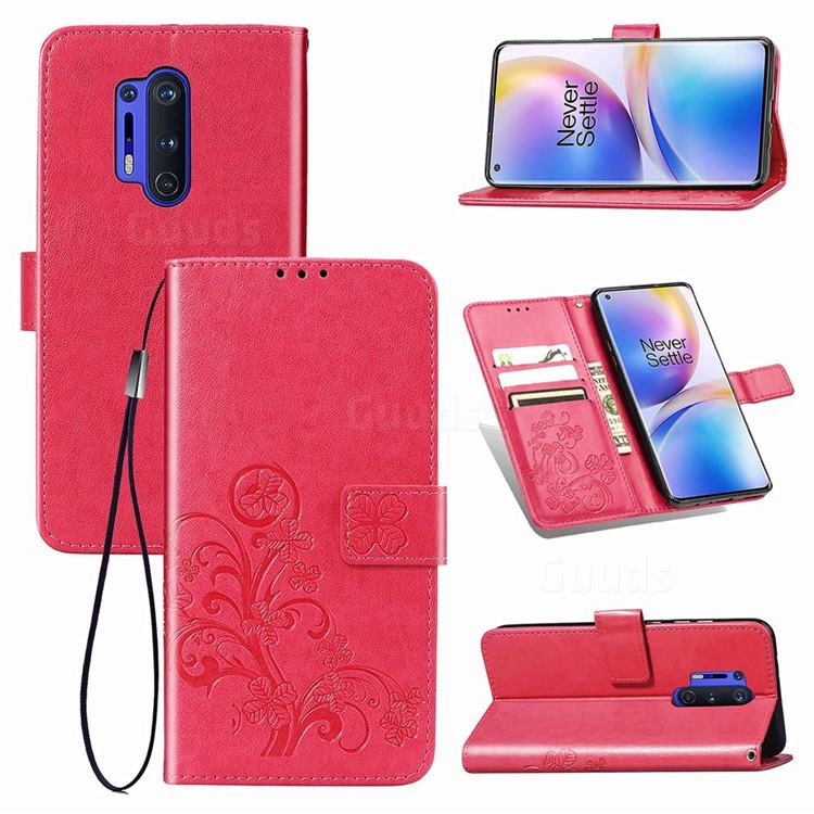 Embossing Imprint Four-Leaf Clover Leather Wallet Case for OnePlus 8 Pro - Rose Red