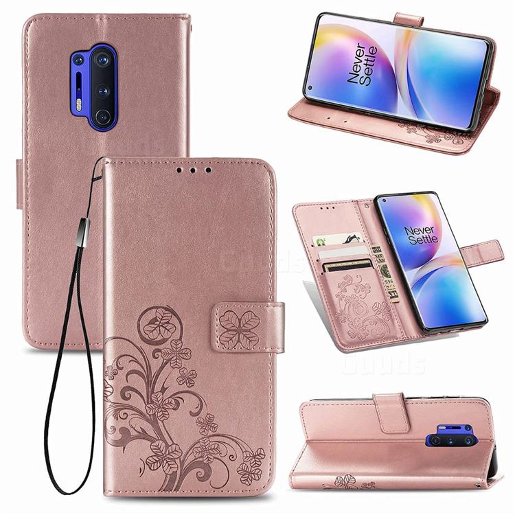Embossing Imprint Four-Leaf Clover Leather Wallet Case for OnePlus 8 Pro - Rose Gold