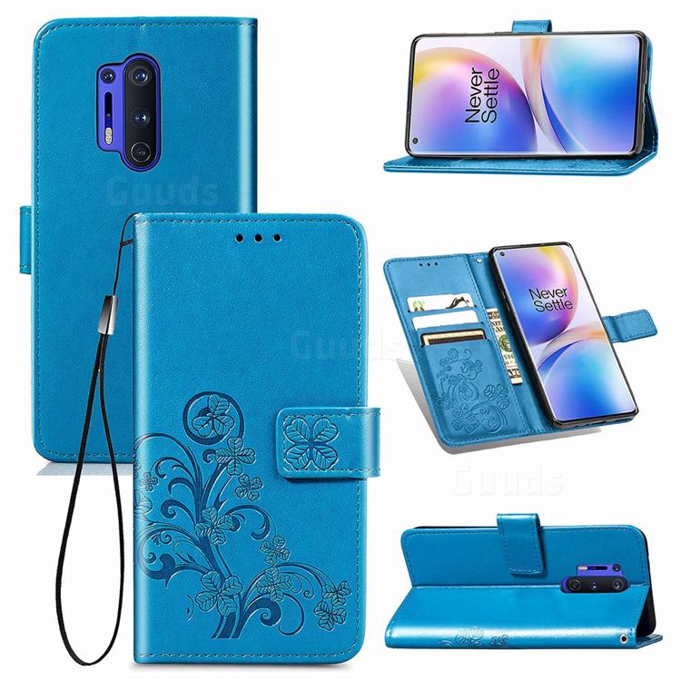 Embossing Imprint Four-Leaf Clover Leather Wallet Case for OnePlus 8 Pro - Blue