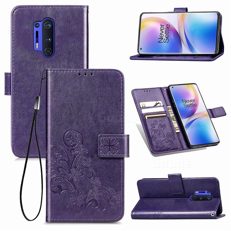 Embossing Imprint Four-Leaf Clover Leather Wallet Case for OnePlus 8 Pro - Purple