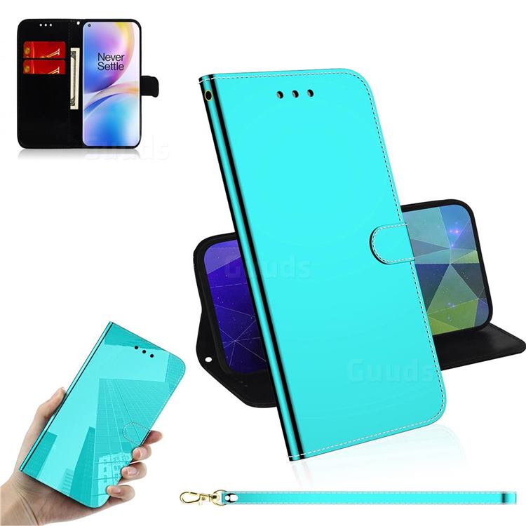 Shining Mirror Like Surface Leather Wallet Case for OnePlus 8 Pro - Mint Green