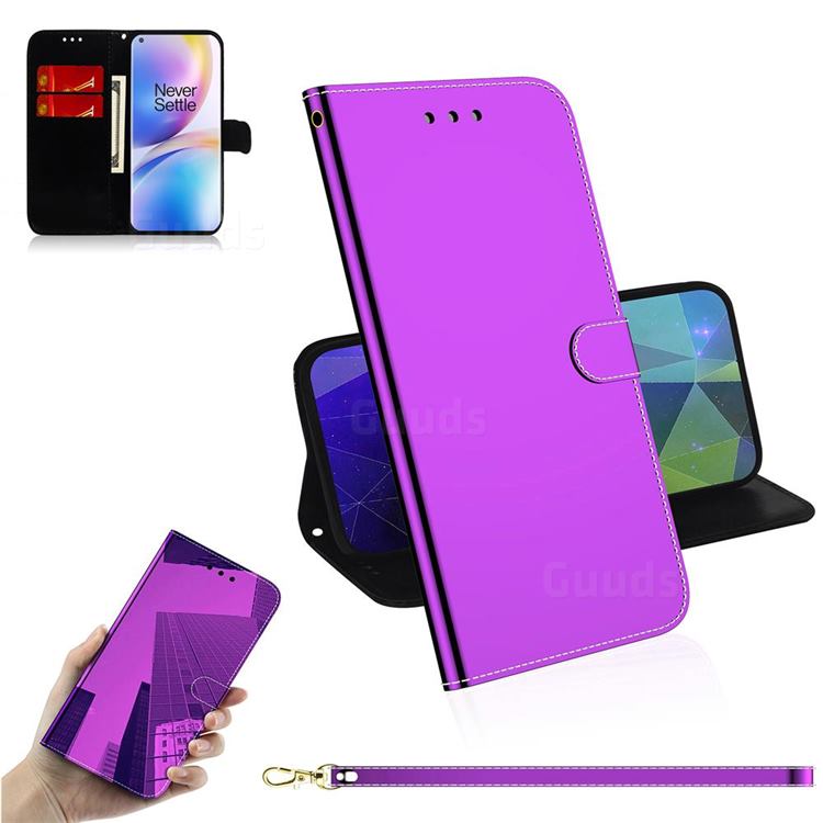Shining Mirror Like Surface Leather Wallet Case for OnePlus 8 Pro - Purple