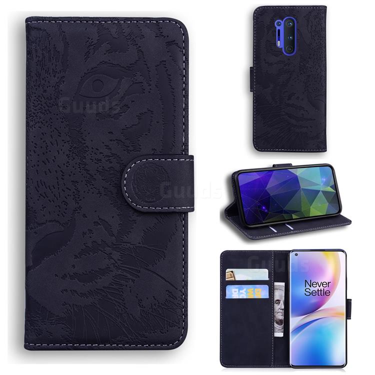 Intricate Embossing Tiger Face Leather Wallet Case for OnePlus 8 Pro - Black