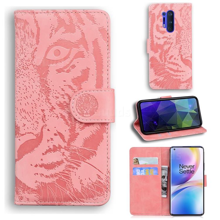 Intricate Embossing Tiger Face Leather Wallet Case for OnePlus 8 Pro - Pink