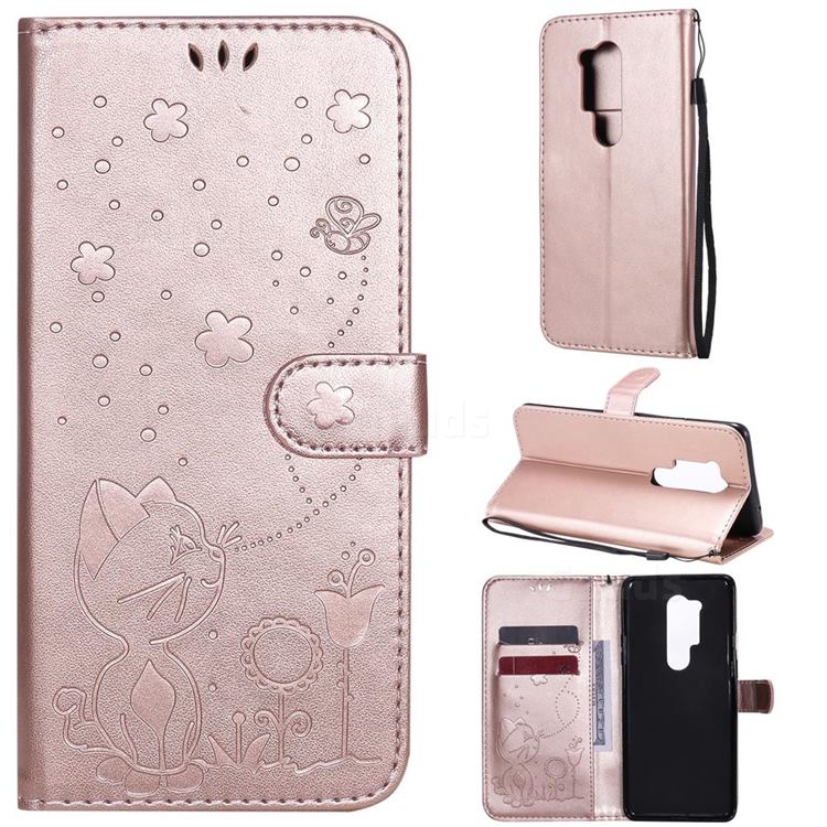 Embossing Bee and Cat Leather Wallet Case for OnePlus 8 Pro - Rose Gold