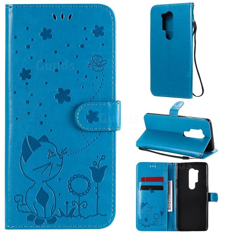 Embossing Bee and Cat Leather Wallet Case for OnePlus 8 Pro - Blue
