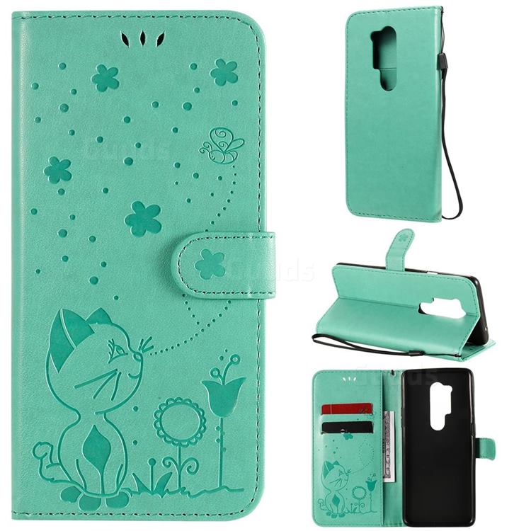 Embossing Bee and Cat Leather Wallet Case for OnePlus 8 Pro - Green