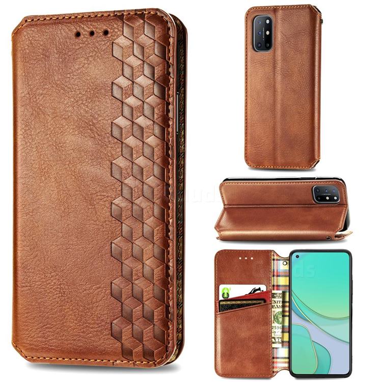 Ultra Slim Fashion Business Card Magnetic Automatic Suction Leather Flip Cover for OnePlus 8T - Brown