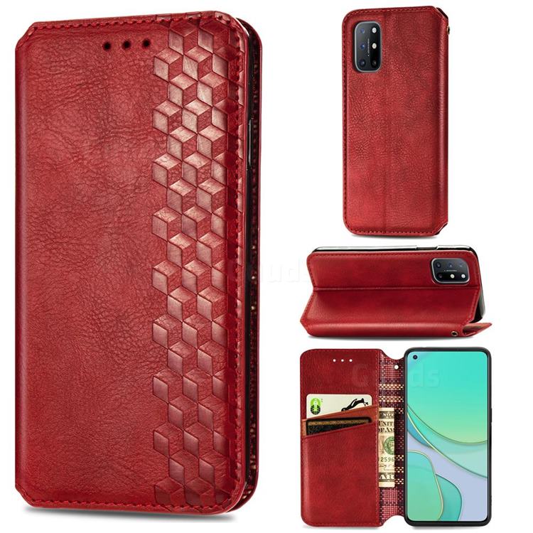 Ultra Slim Fashion Business Card Magnetic Automatic Suction Leather Flip Cover for OnePlus 8T - Red