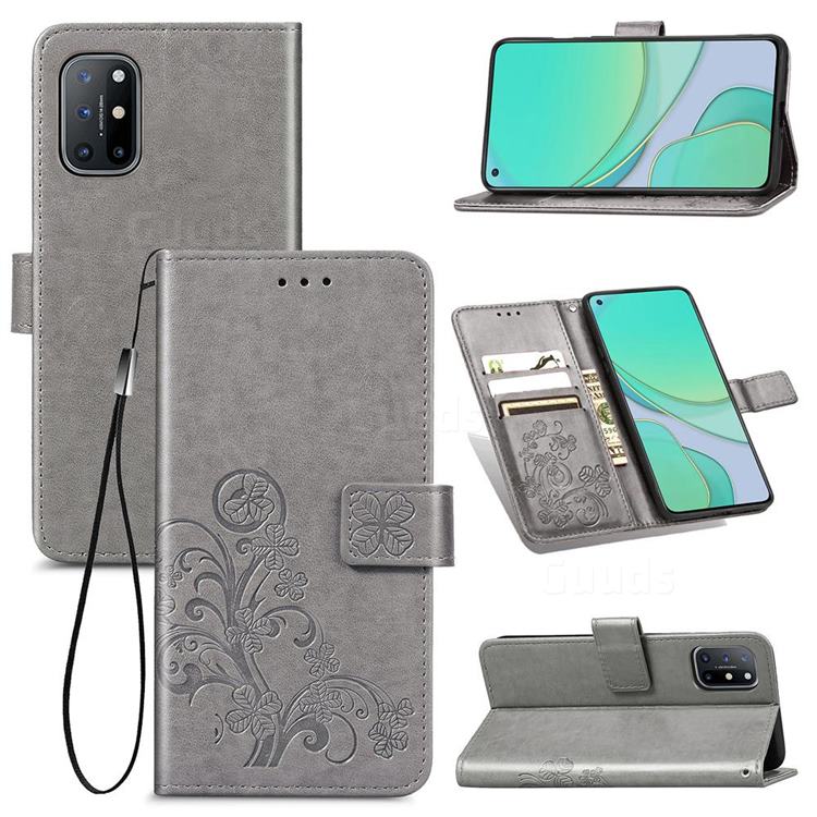 Embossing Imprint Four-Leaf Clover Leather Wallet Case for OnePlus 8T - Grey
