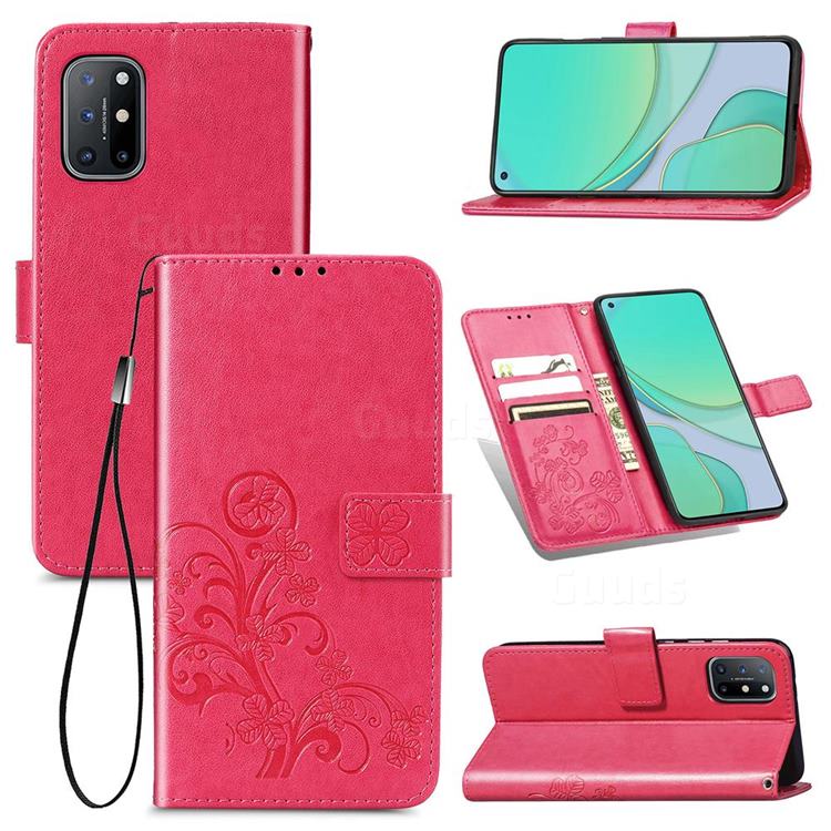 Embossing Imprint Four-Leaf Clover Leather Wallet Case for OnePlus 8T - Rose Red