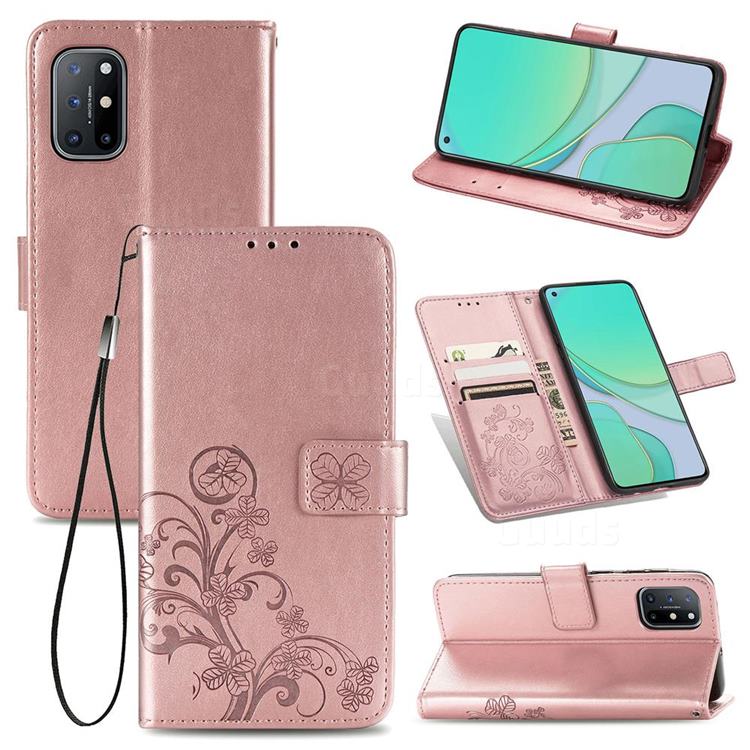 Embossing Imprint Four-Leaf Clover Leather Wallet Case for OnePlus 8T - Rose Gold