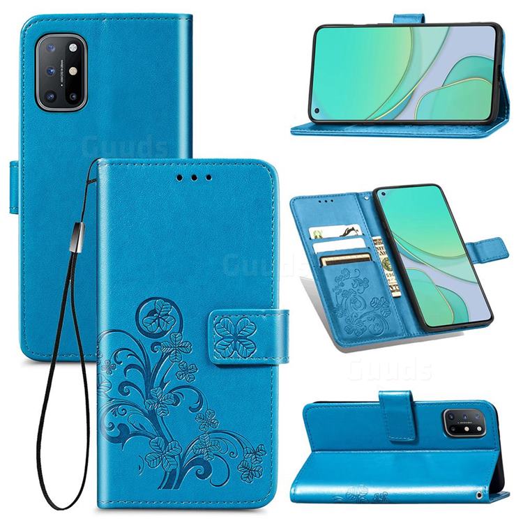 Embossing Imprint Four-Leaf Clover Leather Wallet Case for OnePlus 8T - Blue