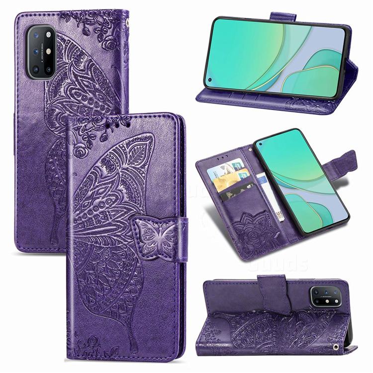 Embossing Mandala Flower Butterfly Leather Wallet Case for OnePlus 8T - Dark Purple