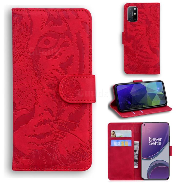Intricate Embossing Tiger Face Leather Wallet Case for OnePlus 8T - Red