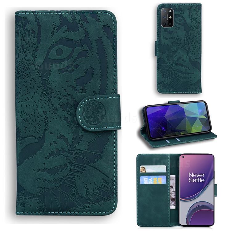 Intricate Embossing Tiger Face Leather Wallet Case for OnePlus 8T - Green