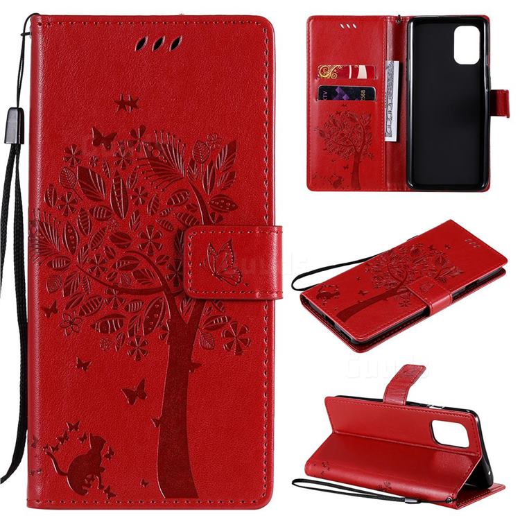 Embossing Butterfly Tree Leather Wallet Case for OnePlus 8T - Red