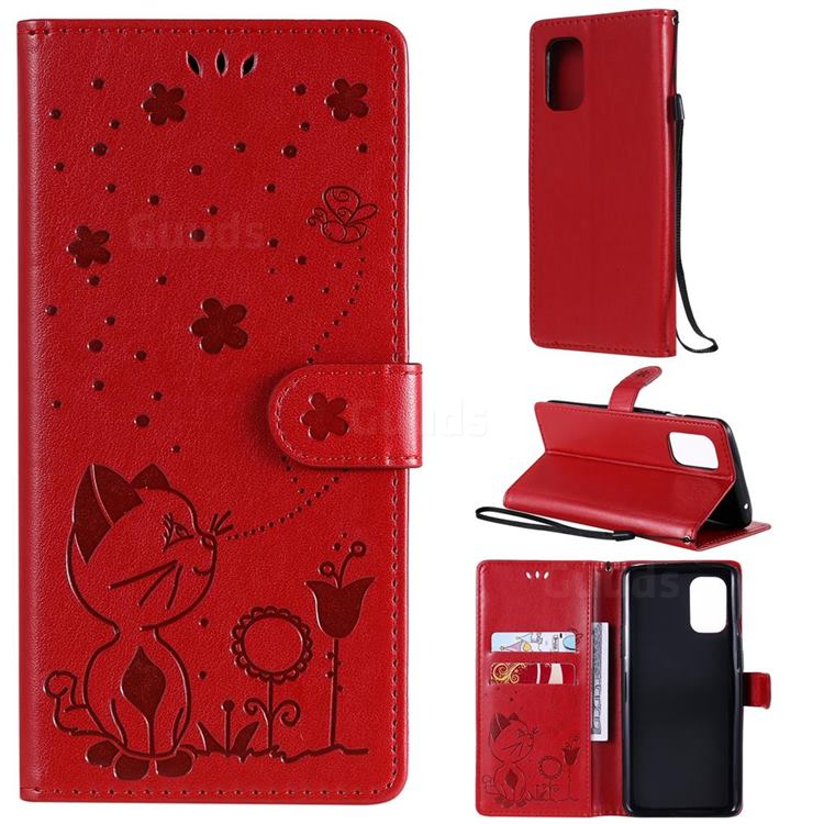 Embossing Bee and Cat Leather Wallet Case for OnePlus 8T - Red