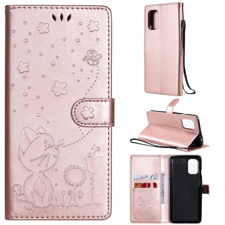 Embossing Bee and Cat Leather Wallet Case for OnePlus 8T - Rose Gold