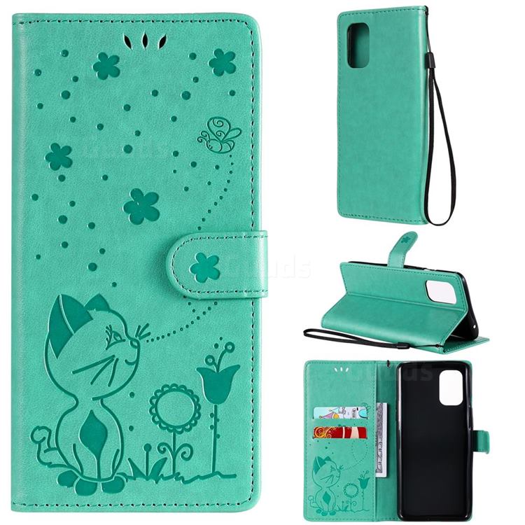 Embossing Bee and Cat Leather Wallet Case for OnePlus 8T - Green